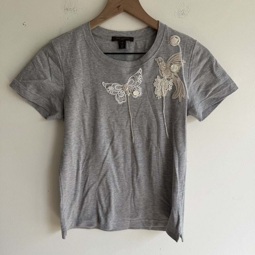 Louis Vuitton Italy Gray Cotton T-Shirt S Butterfly Bird Floral Lace Applique
